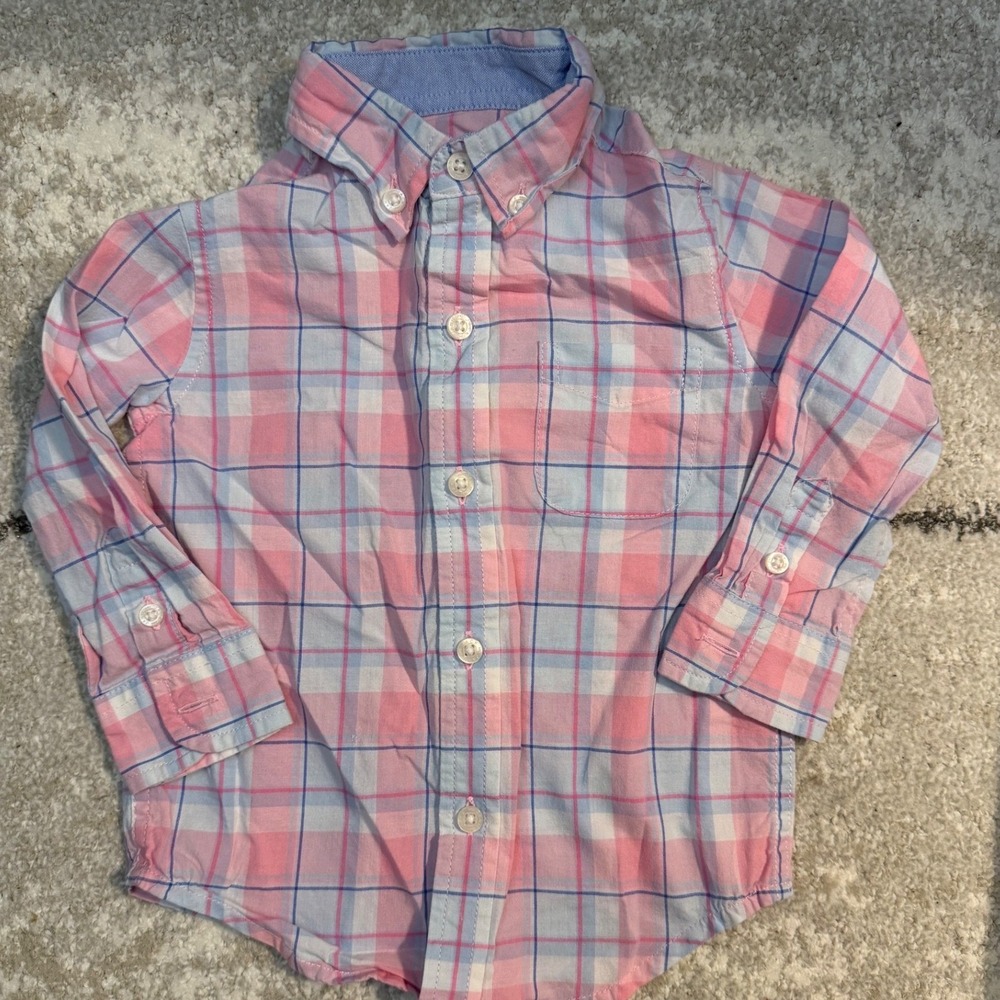 Janie and Jack Toddler Boys Pink Blue Plaid Button Down Shirtβ 12-18 Months